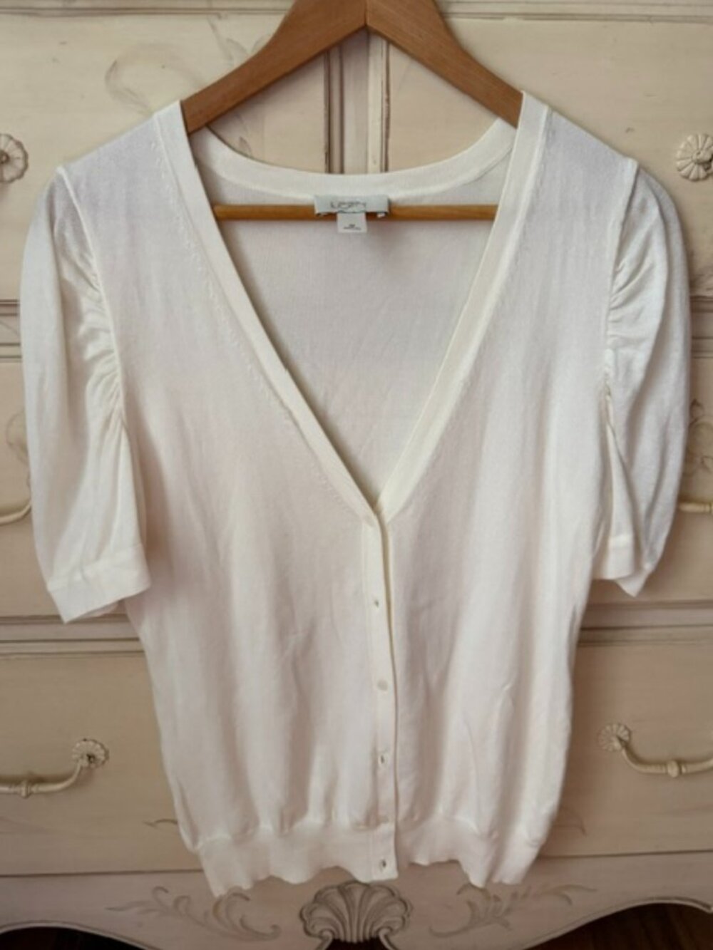 Loft Beige V-neck Button Down Short Sleeve Sweater w/ Rouch Sleeves- size medium